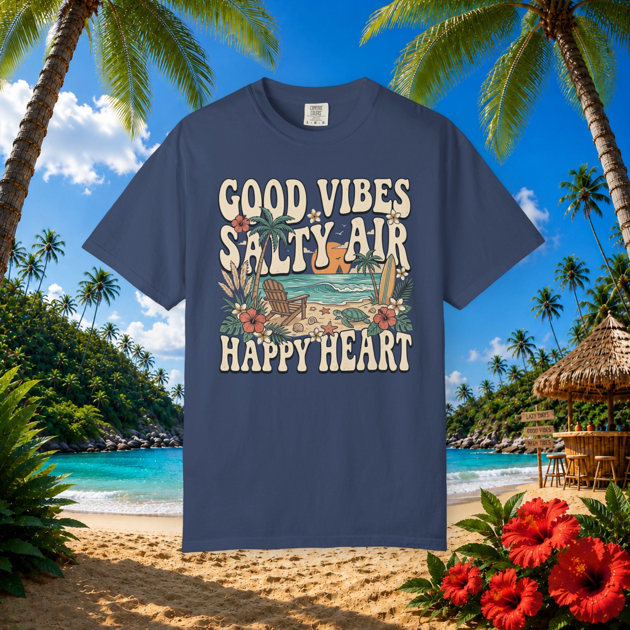Good Vibes Salty Air Happy Heart - Comfort Colors Tee